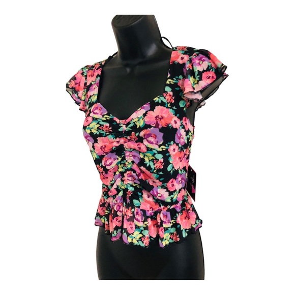 Black pink purple‎ floral peplum shirred front heart neckline blouse size large - Picture 9 of 14
